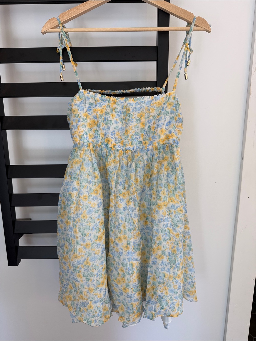 Hello Molly Yellow & Light Blue Floral Tie-Shoulder Mini Dress